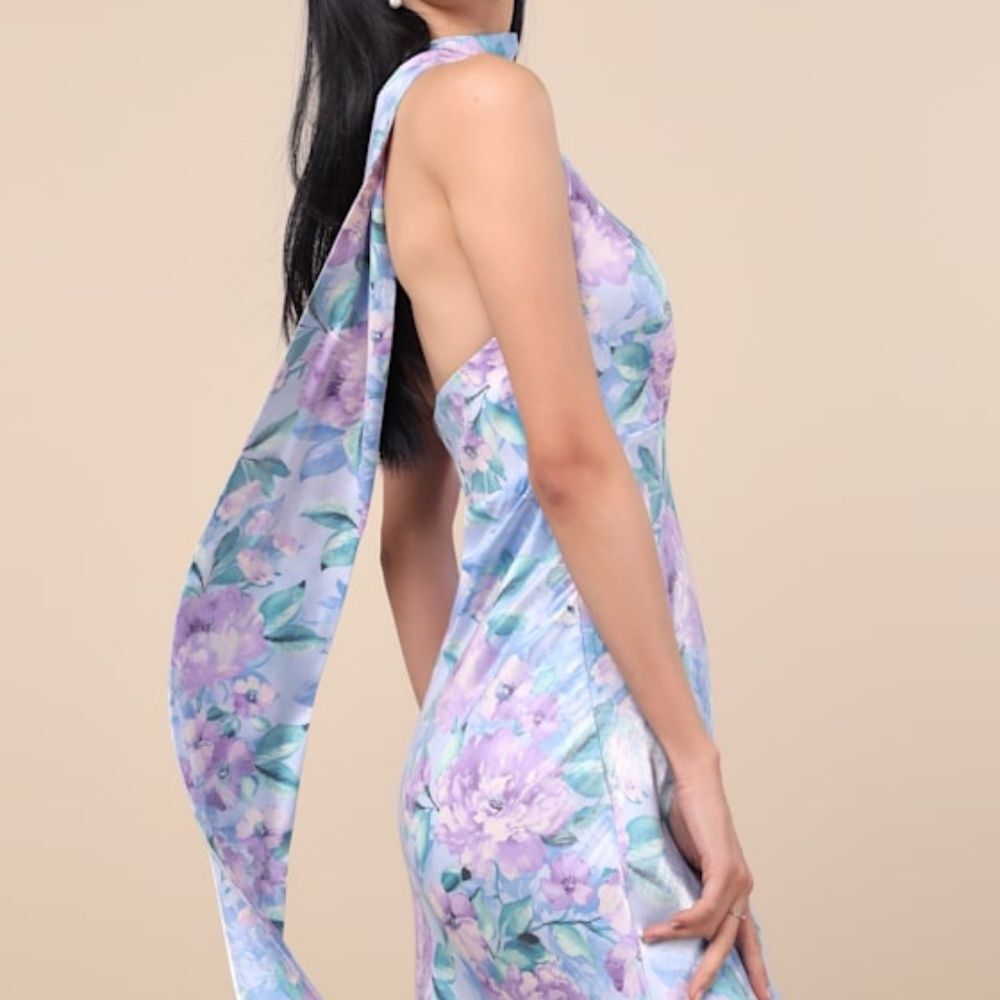 Lulus Malani Light Blue Floral Satin Sash Midi Dress - Size S